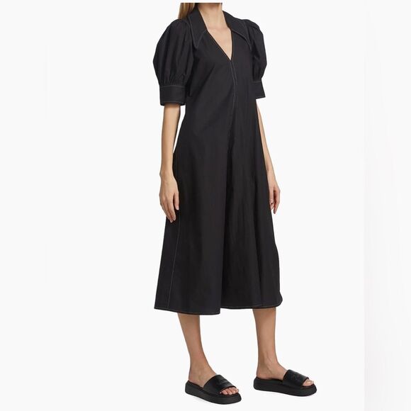Ganni Cotton Poplin V-Neck Midi Dress, Size Medium - Picture 4 of 7